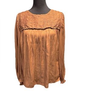 Mustard Seed Cinnamon Brown Smocked Bodice Ruffle Trim Blouse, Size Large